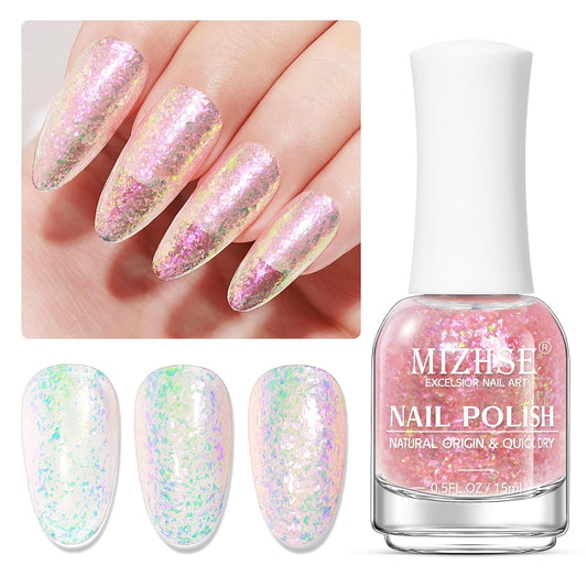 MIZHSE Nail Polish: 15Ml Mermaid Pearl Nail Polish Pink Aurora Sequins Effect Nail Polish, Fingernail and Toenail Polish Glossy Long Lasting Nail Polish Trendy DIY at Home Nail Gift Spree | alldaygood beauty