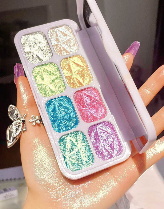 8 Color Face Cheek Highlighter Makeup Palette Shimmer Glitter Iridescent Multichrome Holographic Eyeshadow Palette Purple Rainbow Glitter Highlighter Makeup Highlight and Contour Chrome Eye Make up | alldaygood beauty