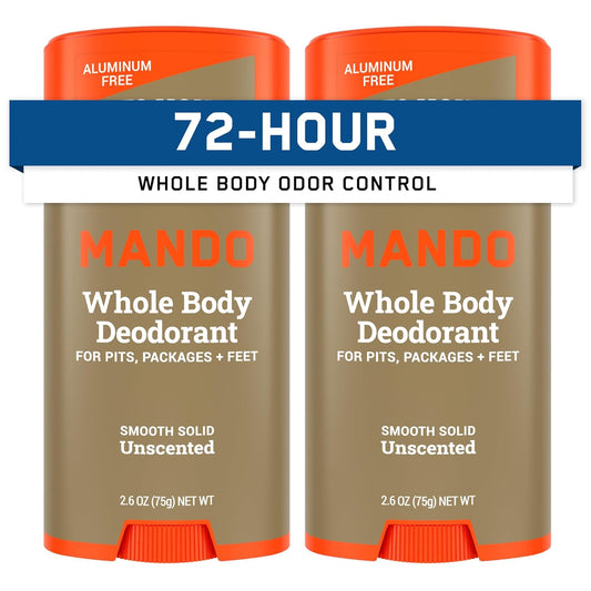 Mando Whole Body Deodorant For Men - Smooth Solid Stick - 72 Hour Odor Control - Aluminum Free, Baking Soda Free, Skin Safe - 2.6 Ounce (Pack of 2) - Unscented