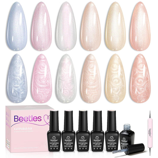 Beetles Pearl Gel Nail Polish – Glitter Silk 6 Colors Gel Polish Set, Pastel Pink White Orange Blue Colors Shimmer Mermaid Shell Swirl Thread Effect Soak Off UV LED Gift for Women | alldaygood beauty