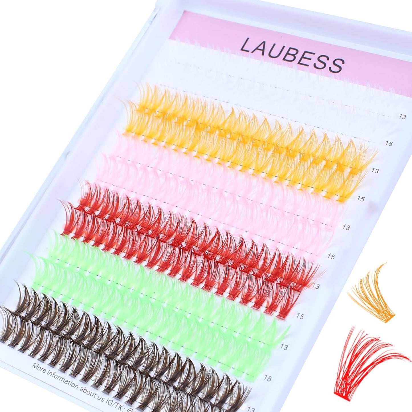 Colored Lash Clusters LAUBESS Colored Eyelash Clusters Wispy Colored Lash Extensions Colorful Lash Clusters Individual Lashes White Orange Light Pink Red Green Dark Brown (Colorful 0.07D, 13/15mm)