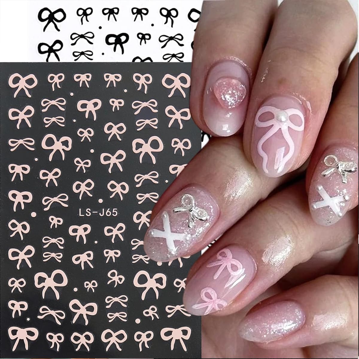 Bows Nail Stickers - Black & White Bow Knot Designs for Simple & Cute Valentines Nail Art - Pink, Red, Silver - 3D Self-Adhesive Stickers for Women - 6 Sheets