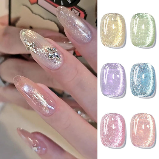 Born Pretty Cat Magnetic Eye Gel Nail Polish Spring Summer Pastel Shimmer Glitter Holographic Cat Magnetic Eye Gel Crystal Glass Cat Magnetic Gel Polish Manicure Nail Art DIY at Home 6PCS | alldaygood beauty