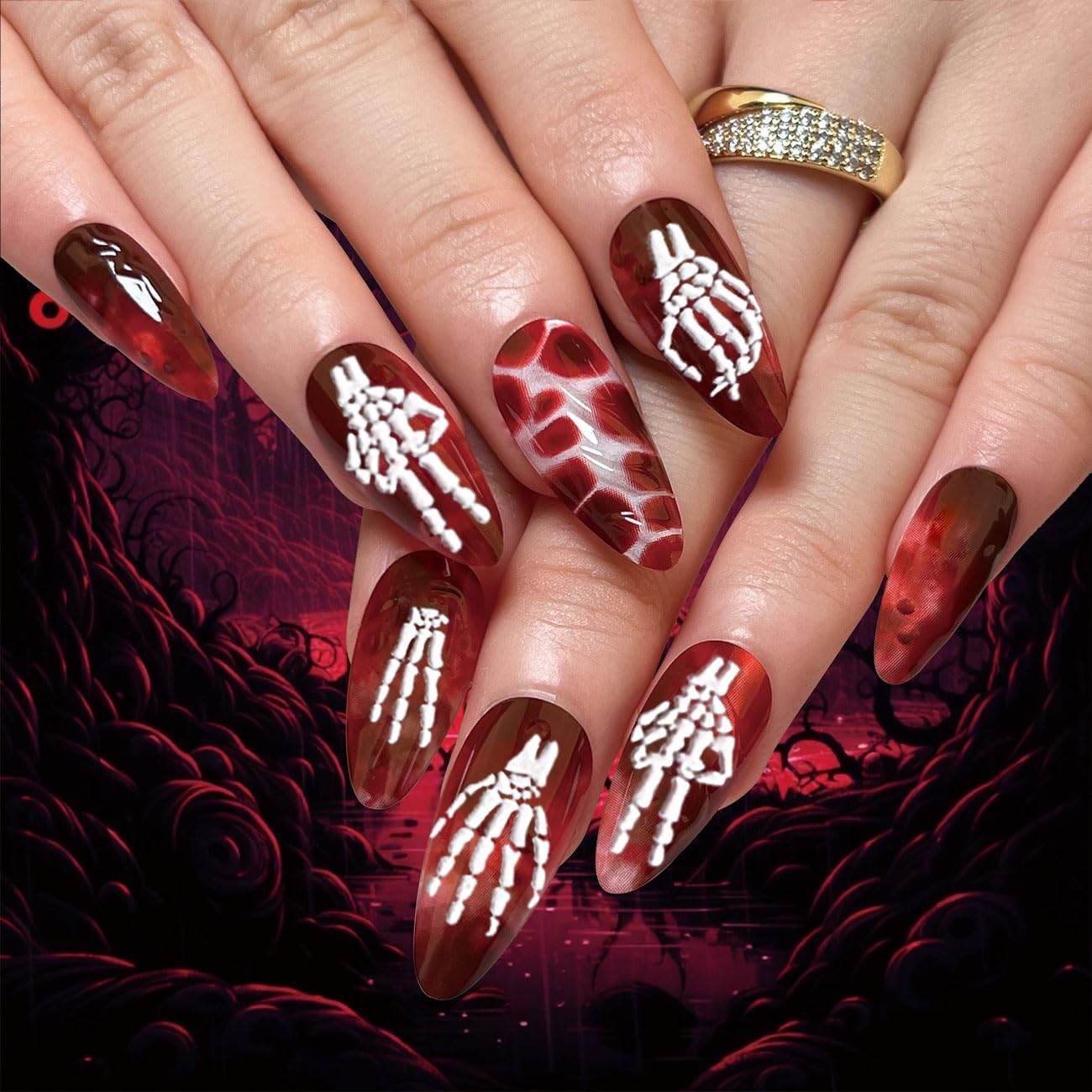 8 Sheets Halloween Nail Stickers 5D Embossed Skull Finger Nail Stickers Self-Adhesive Horror Skeleton Decals for Women