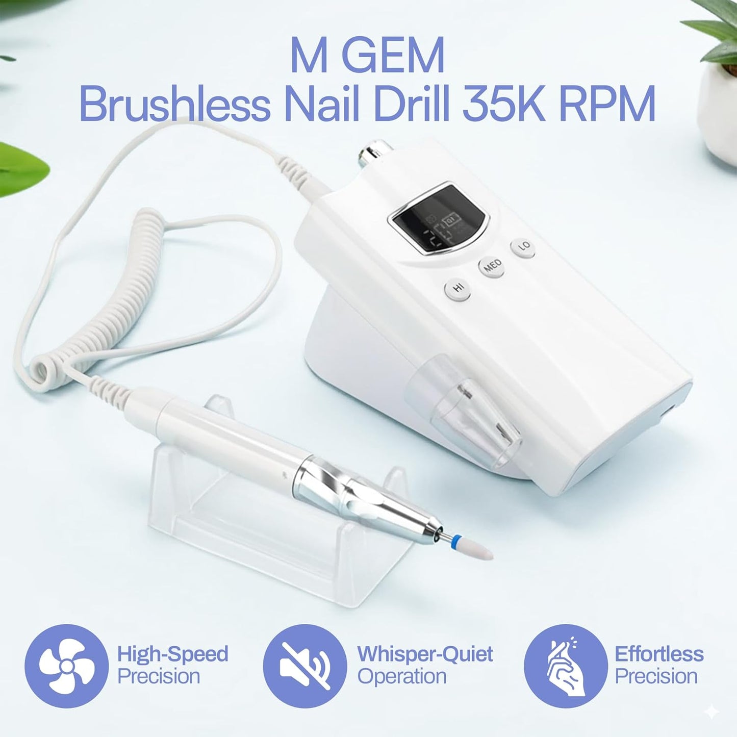M GEM Brushless Nail Drill 35K RPM | Professional Cordless Efile Machine | Rechargeable Electric Nail File with Bits | Portable Quiet Low Vibration Tool for Acrylic, Gel, Natural Nails (Ombre Blue)