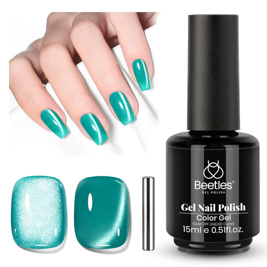 Beetles Green Cat Eye Gel Nail Polish - 15M Green Glass Cat Eye Gel Polish with Magnet Shimmer Translucent Sheer Color Soak Off UV Teal Radiance Series French Nail Art Gift for Women | alldaygood beauty