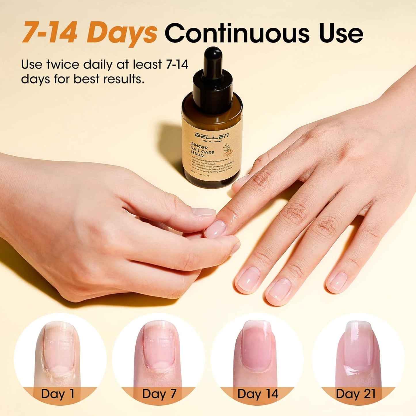 Gellen 30ml Ginger Nail Growth Serum for Nail Strengthener and Growth, Nail Repair Treatment for Weak Brittle Splitting Damaged Nails, Hydrated & Nourished Nail Care Solution for Hands & Feet