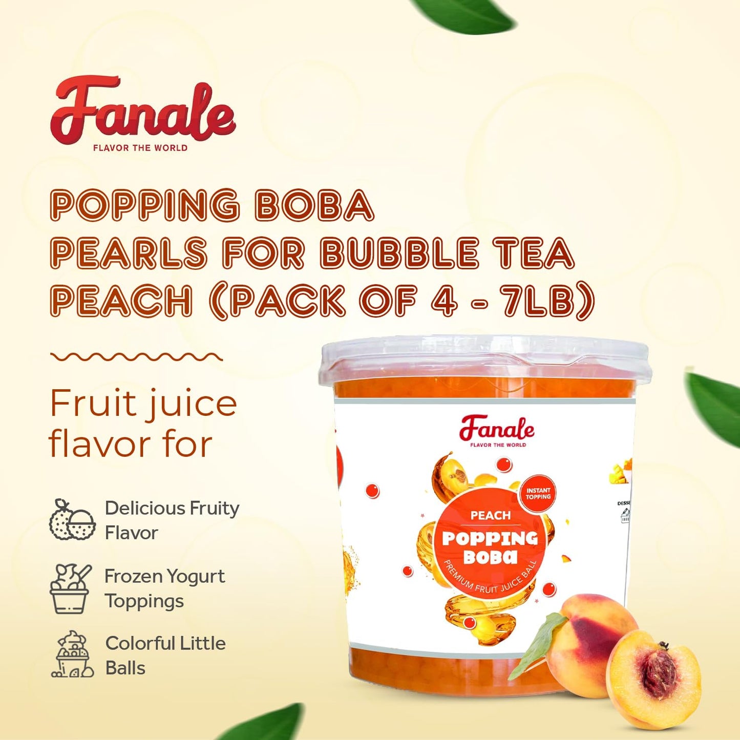 Fanale Peach Popping Boba Pearls, Vegan, Non GMO, Gluten Free, Fat Free, Perfect for Bubble Tea, Smoothies, Ice Cream, Desserts, and Beverages | FPB010