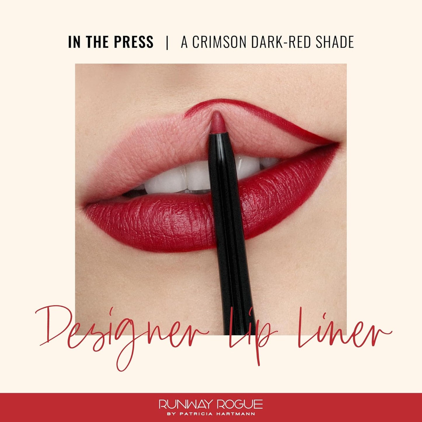 Runway Rogue Designer Liner Lip Pencil, Matte Crimson Dark-Red Lip Liner Pencil and Lip Liner Sharpener, ‘In the Press’
