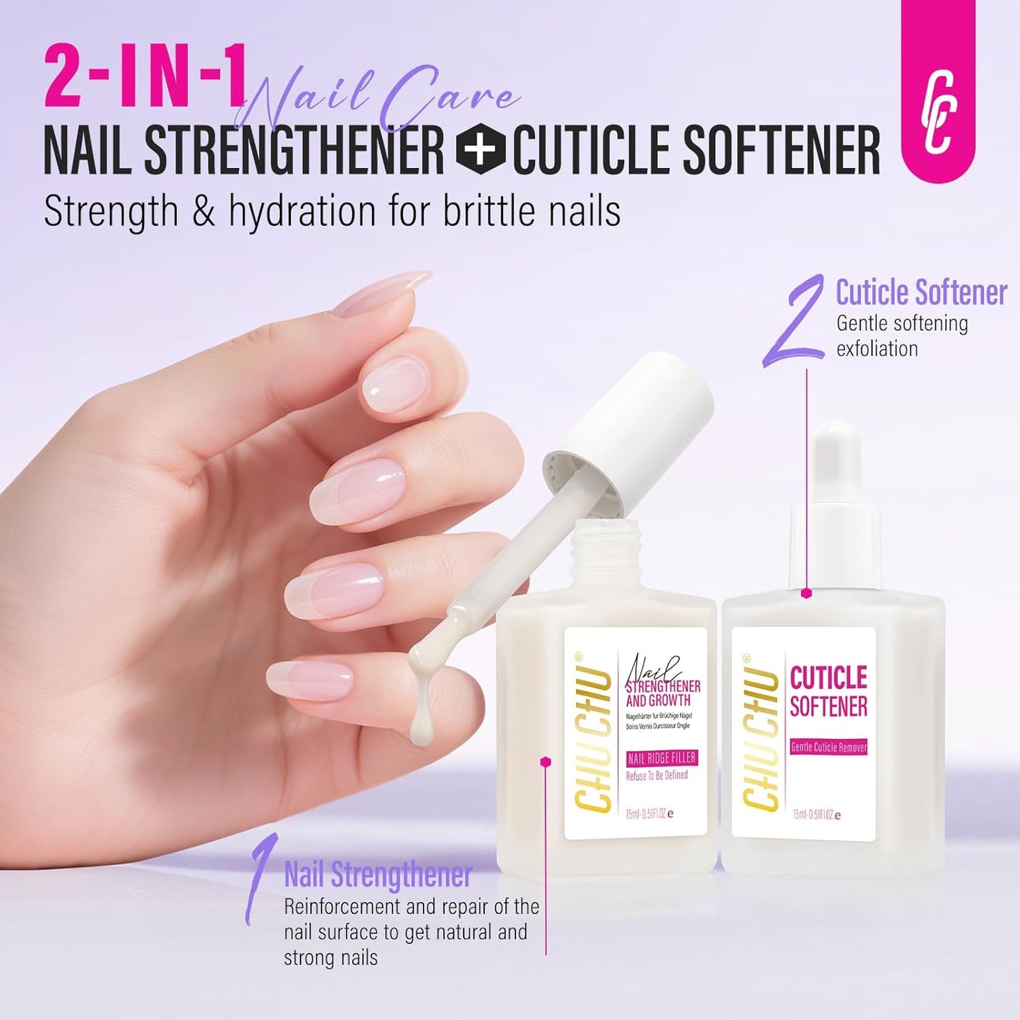 Nail Strengthener and Growth: Milky White Hardener and Repair & Cuticle Softener Set - Protein Ridge Filler Polish Quick Dry for Weak Peeling Brittle Nails - for Women Home Salon