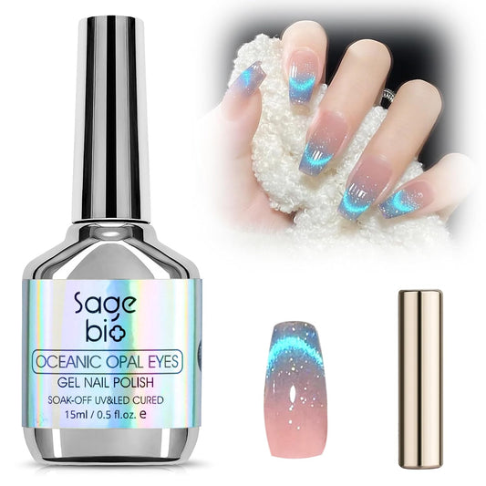 Cat Eye Gel Nail Polish with Magnet Stick, 15ml Glitter Holographic Nail Polish, Magnetic Effect Gel for Home DIY Manicure Gift, Blue Tears | alldaygood beauty