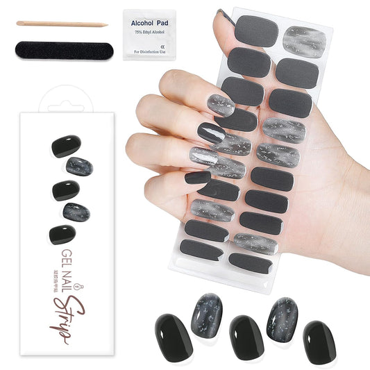 WOKOTO 1 Sheet Semi Cured Gel Nail Strips With Wood Stick, Nail File & Prepared Pads, 20 Tips Black Glitter Semi Cured Nail Polish Strips, Harden With UV Light Gel Nail Wraps Stickers For Women Girls | alldaygood beauty