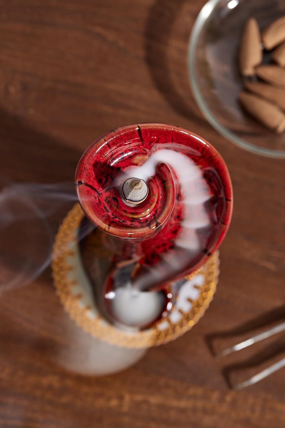 Unique Cloud Stairs Ceramic Waterfall Incense Holder, Paired with a Pack of Backflow Incense Cones. (Fambe Red)