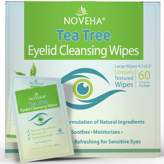 NOVEHA 60PCs Tea Tree Oil Eyelid & Lash Wipes | With Hyaluronic Acid, Green Tea & Chamomile For Blepharitis, Itchy & Stye Eyes, Individually Wrapped, Natural Eyelash Makeup Remover & Daily Cleanser | alldaygood beauty
