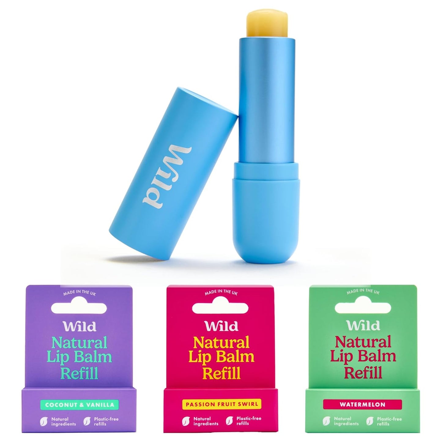 Wild Refillable Lip Balm Starter Kit - Includes Blue Aluminum Case & 3 Pack Lip Balm Refills in a Variety of Scents - Includes Coconut & Vanilla, Passionfruit Swirl & Watermelon Flavors