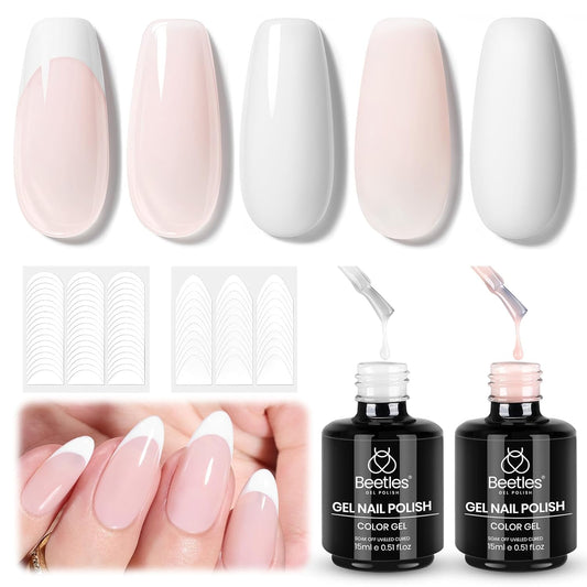 Beetles French Manicure Kit - White Nude Pink Gel Nail Polish Soak Off UV LED French Tip Gel Polish with 2 French Manicure Nail Art Sticker Sheets, Classic French Nail Kit for DIY at Home or Salon | alldaygood beauty