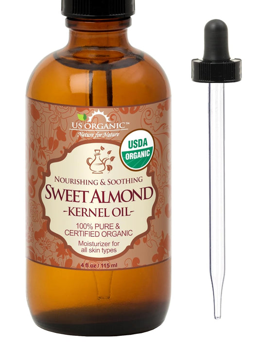 US Organic Sweet Almond Kernel Oil, USDA Certified Organic,100% Pure & Natural, Cold Pressed Virgin, Unrefined in Amber Glass Bottle w/Eyedropper, Sourced from Poland (4 oz (115 ml)) | alldaygood beauty