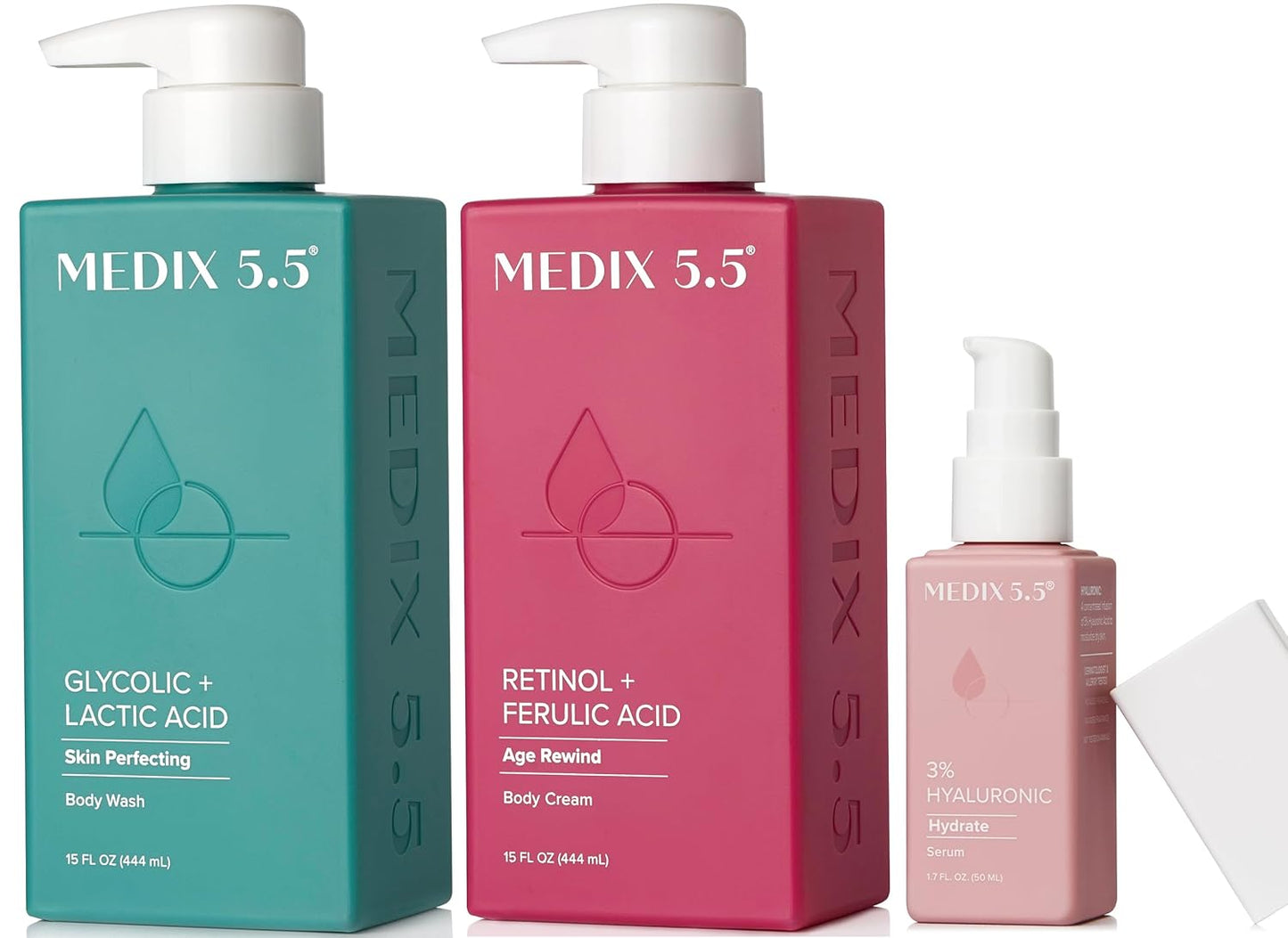 Medix 5.5 Anti Aging Skin Care 3PC Set | Retinol Body Cream + Exfoliating AHA Glycolic Acid Foaming Face Wash & Body Wash + Hyaluronic Acid Serum Booster, Cleanse + Treat + Hydrate Skincare Set, 3PC