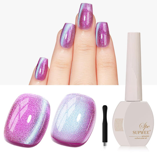 9D Cat Magnetic Eye Gel Nail Polish Holographic Pink Aurora CatEye Gel Polish Glitter Shimmer Reflective Effect with Magnet Soak Off Salon DIY at Home | alldaygood beauty