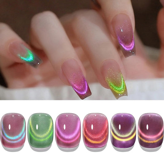 Born Pretty Cat Magnetic Eye Gel Nail Polish Rainbow Aurora Cat Magnetic Gel Polish Pink Green Blue Yellow Glitter Holographic Cat Magnetic Eye Gel Manicure Nail Art DIY, Firefly Aurora Series 6PCS | alldaygood beauty