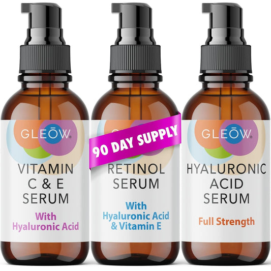 Retinol Serum for Face, Vitamin C with Hyaluronic Acid Face Serum for Women and Men, Glow Total Package Skin Care Set, Targets Appearance of Uneven Skin Tone and Dryness 3x2 oz