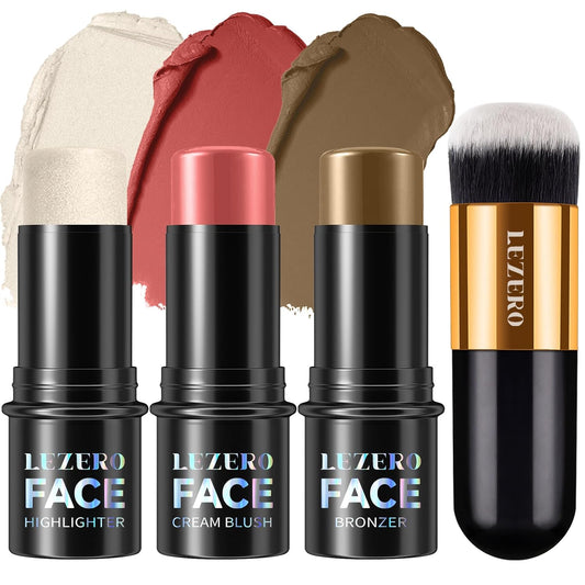 Lezero 3Pcs Contour Stick Makeup Kit, Shades with Highlighter, Blush and Bronzer Stick for Sculpt the Face and All Skin Type, Long Lasting, Smooth, Dewy & Matte Finish, MEDIUM TAN | alldaygood beauty