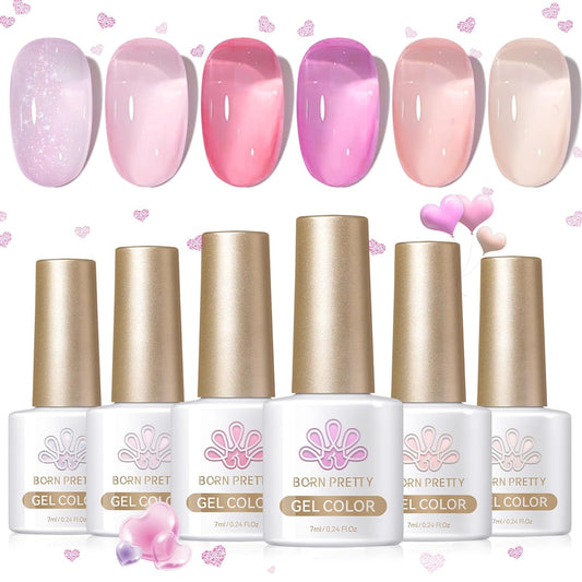 BORN PRETTY Jelly Gel Nail Polish Set,Sheer Nude Pink Natural Color Ice Transparent Tranlusent Gel Polish Kit for Salon Manicure and Nail Art DIY at Home 6PCS 7ml | alldaygood beauty