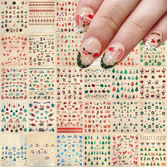 30 Sheets Christmas Nail Art Stickers 3D Self- Adhesive Snowflake Nail Charms Decals White Red Christmas Nail Decorations Accessories Supplies | alldaygood beauty