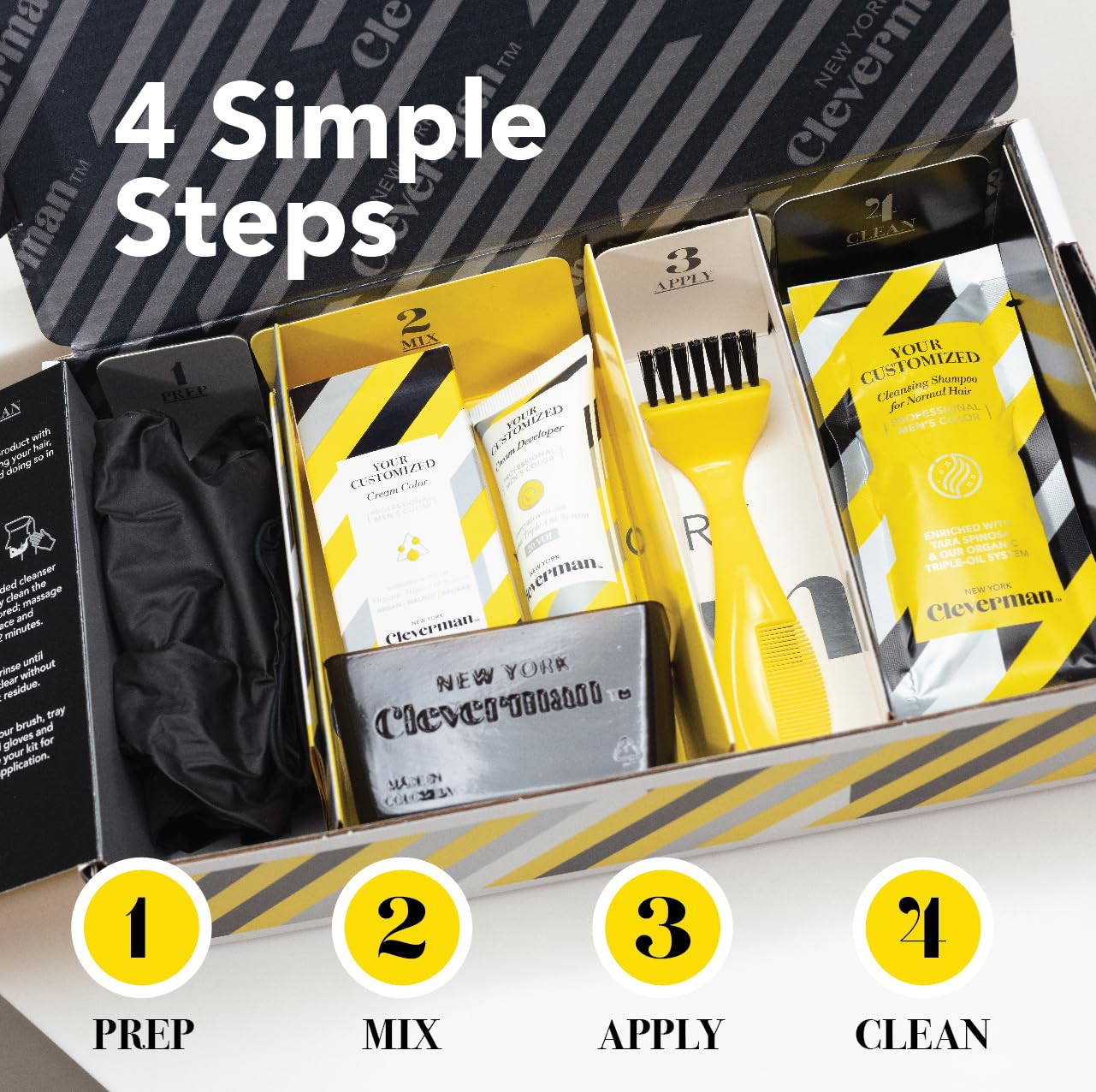 Cleverman Hair & Beard Dye Kit for Men, All-in-One Reusable Mens Hair Color, Natural Gray Coverage, Ammonia-Free Beard Mustache Dye (Jet Black for Black Men)