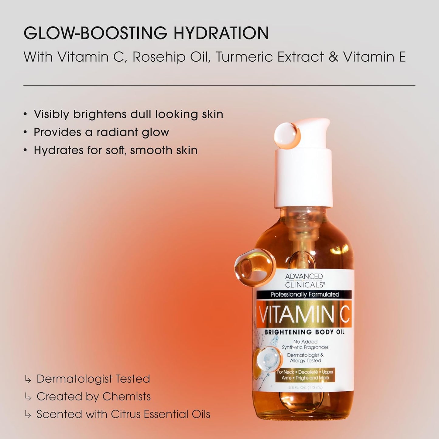 Advanced Clinicals Vitamin C illuminating Body Oil For Women & Men |Vitamin C Oil Skin Care Body Moisturizer With Vitamin E + Botanicals To Help Improve Appearance Of Dark Spots + Dry Skin, 3.8 Fl Oz