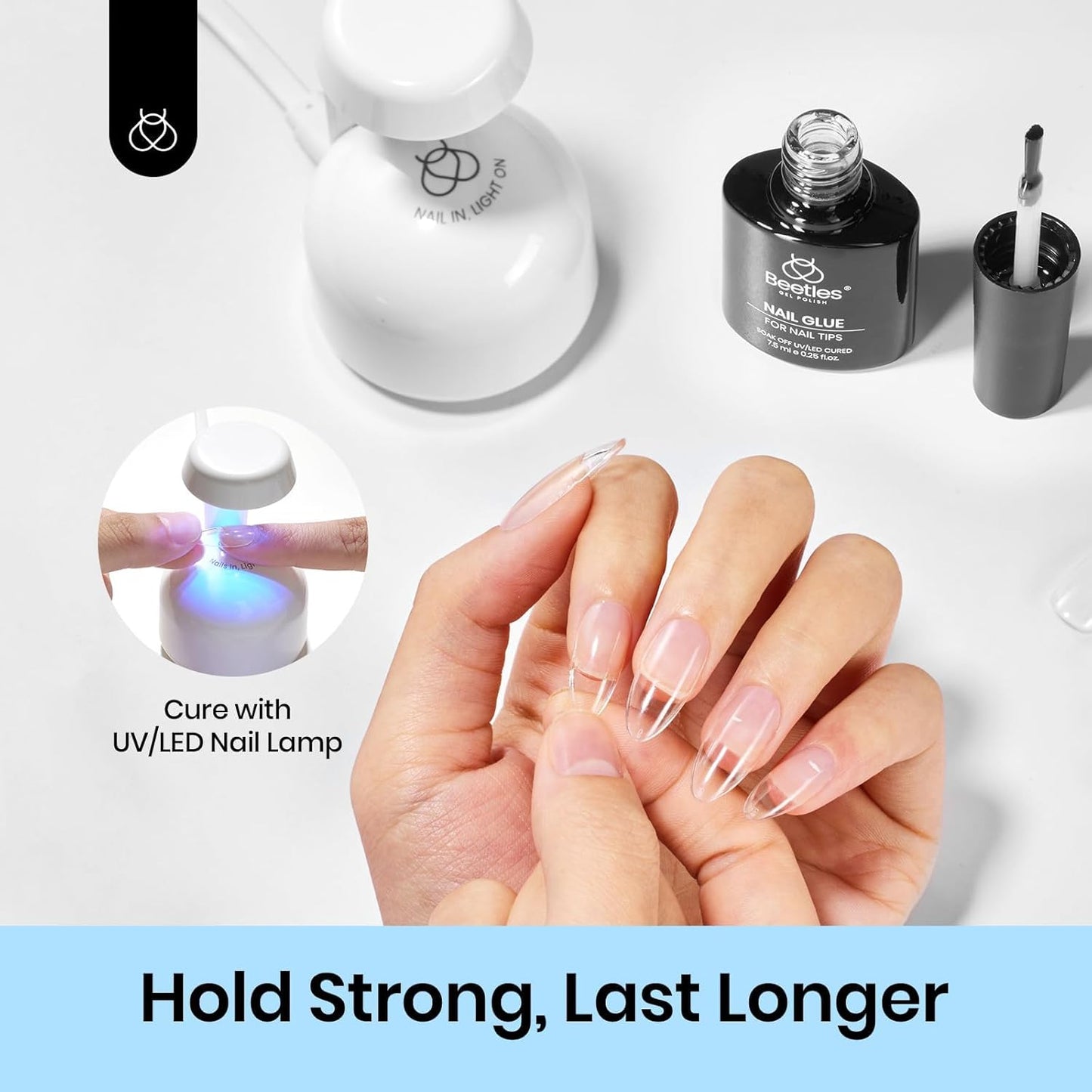 beetles Gel Polish 9 in 1 Gel Nail Glue for Clear Acrylic Nails Tips, Long Lasting Super Strong Brush Nail Glue for Fake Nails, Base Blooming Nail Gel, New Safe Formula, U V Light Cure