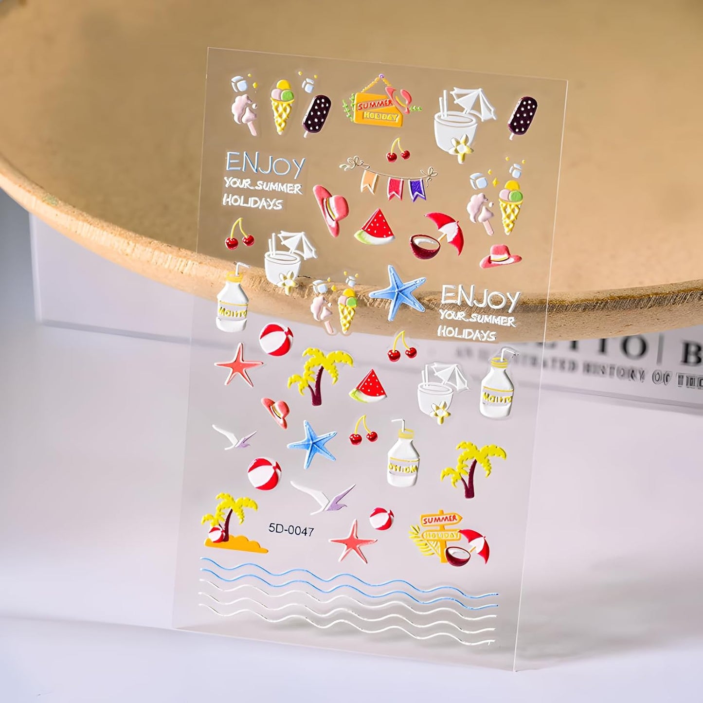 4Sheets Embossed Nail Stickers - Summer Starfish Nail Decals, Ocean Design for Acrylic Nails, Beach Shell Supplies for Women & Girls