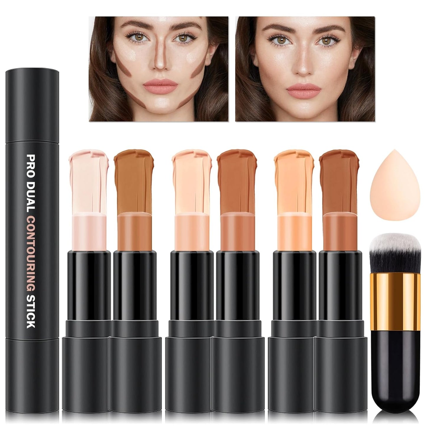 CAHIUYOA 6-Color Cream Contour & Highlighter Makeup Kit, Bronzer & Highlighter Stick for Beginner, Long-Lasting Waterproof Face Makeup