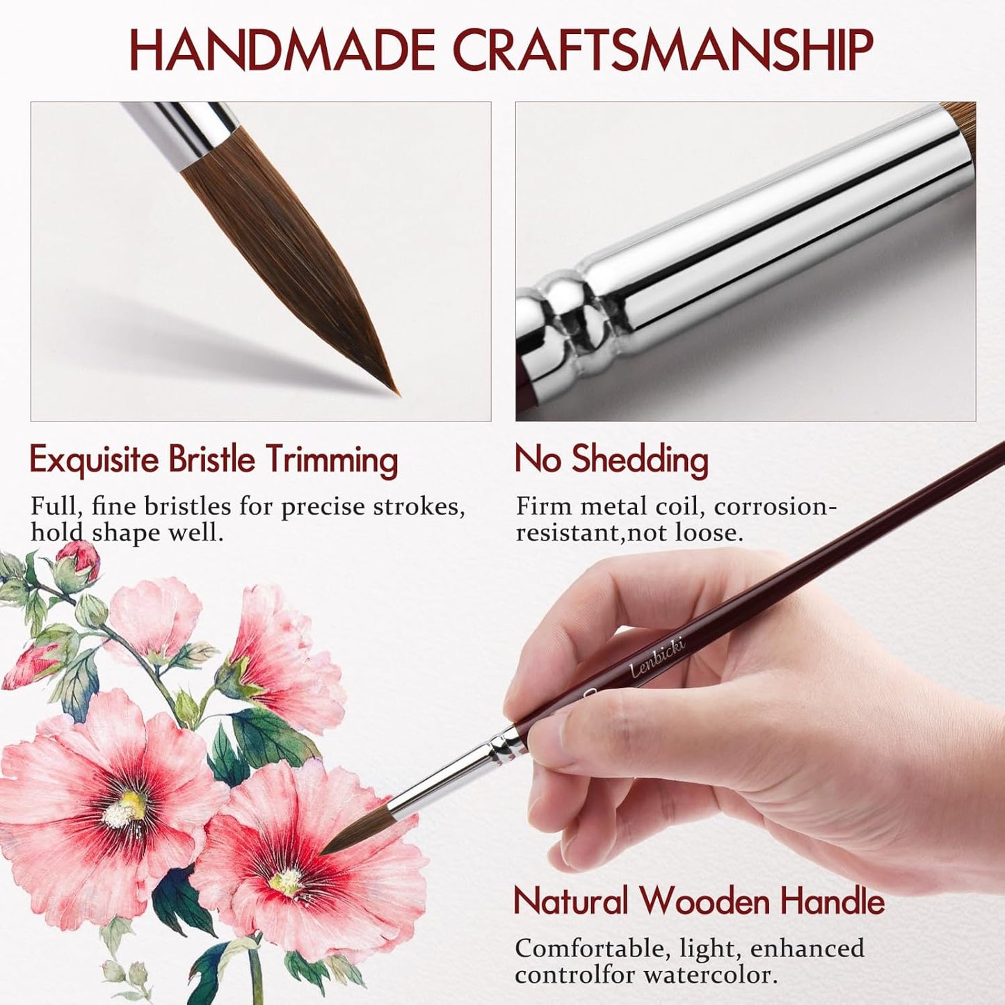 Kolinsky Sable Hair Watercolor Brushes Professional,9pcs Mop Round Fine Tip Detail Watercolor Paint Brush Set,Ideal for Gouache Acrylic Ink Painting