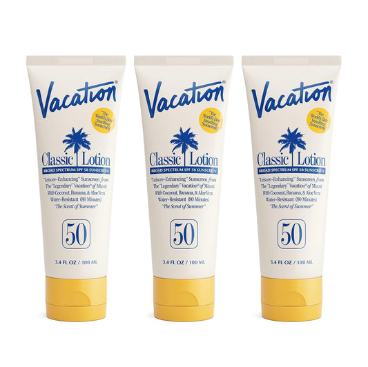 Vacation Classic Sunscreen Lotion SPF 50, Water-Resistant, Lightweight, Transparent on All Skin Tones, Dermatologist-Tested, Vegan, Travel Size, 3.4 Fl. Oz. (Value Pack of 3) | alldaygood beauty
