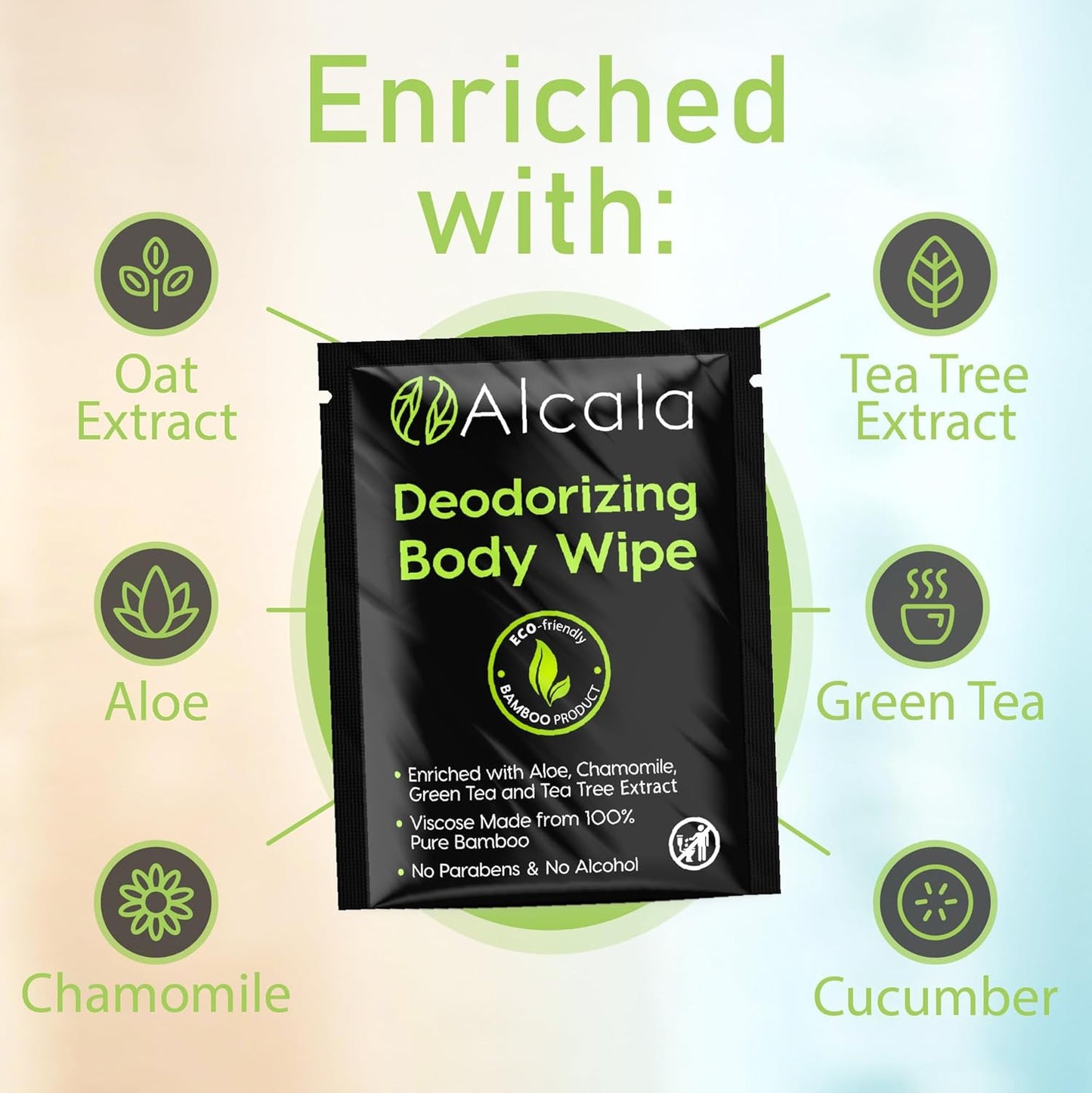 Alcala Deodorizing Body Wipes Individual Shower Wipes 100% Pure Biodegradable Bamboo Wet Wipes with Aloe Tea Tree Adult Body Wipes for Women & Men Ideal for Camping Hiking, Hospitals & Gym (330 Pack)