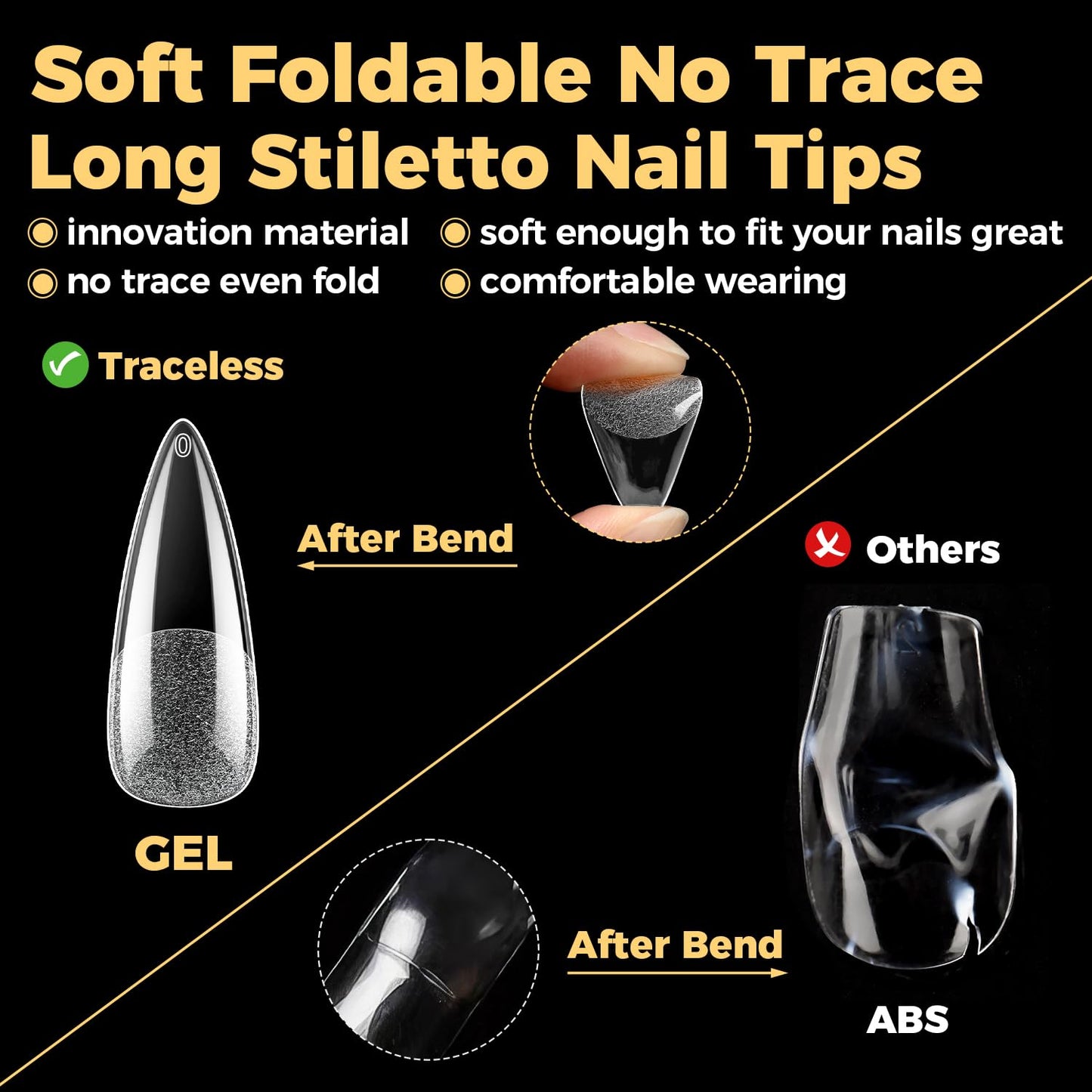 UNA GELLA Halloween Long Stiletto Gel Nail Tips, 600Pcs Pre Etched Long Stiletto Almond Nail Tips Clear Fake Nails Press on Nails No C Curve for DIY Art Salon at Home 12 Sizes