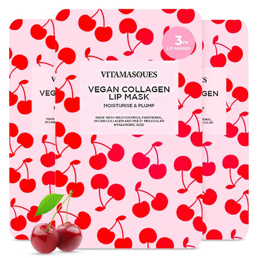 Vitamasques Lip Mask, 3-Pack - Cherry Vegan Collagen Lip Mask Sheets, Repair for Dry & Chapped Lips - Nourishing & Hydrating - Wild Cherries & Hyaluronic Acid - Vegan & Cruelty-Free Korean Skin Care | alldaygood beauty