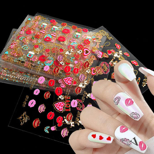 30Pcs Lips Nail Stickers for Valentine's Day 3D Gold Nail Decals Foils Nail Art Supplies Valentines Heart Red Lip Self-Adhesive Nail Design Metallic Nails Stickers for Women Girls DIY Decoration | alldaygood beauty