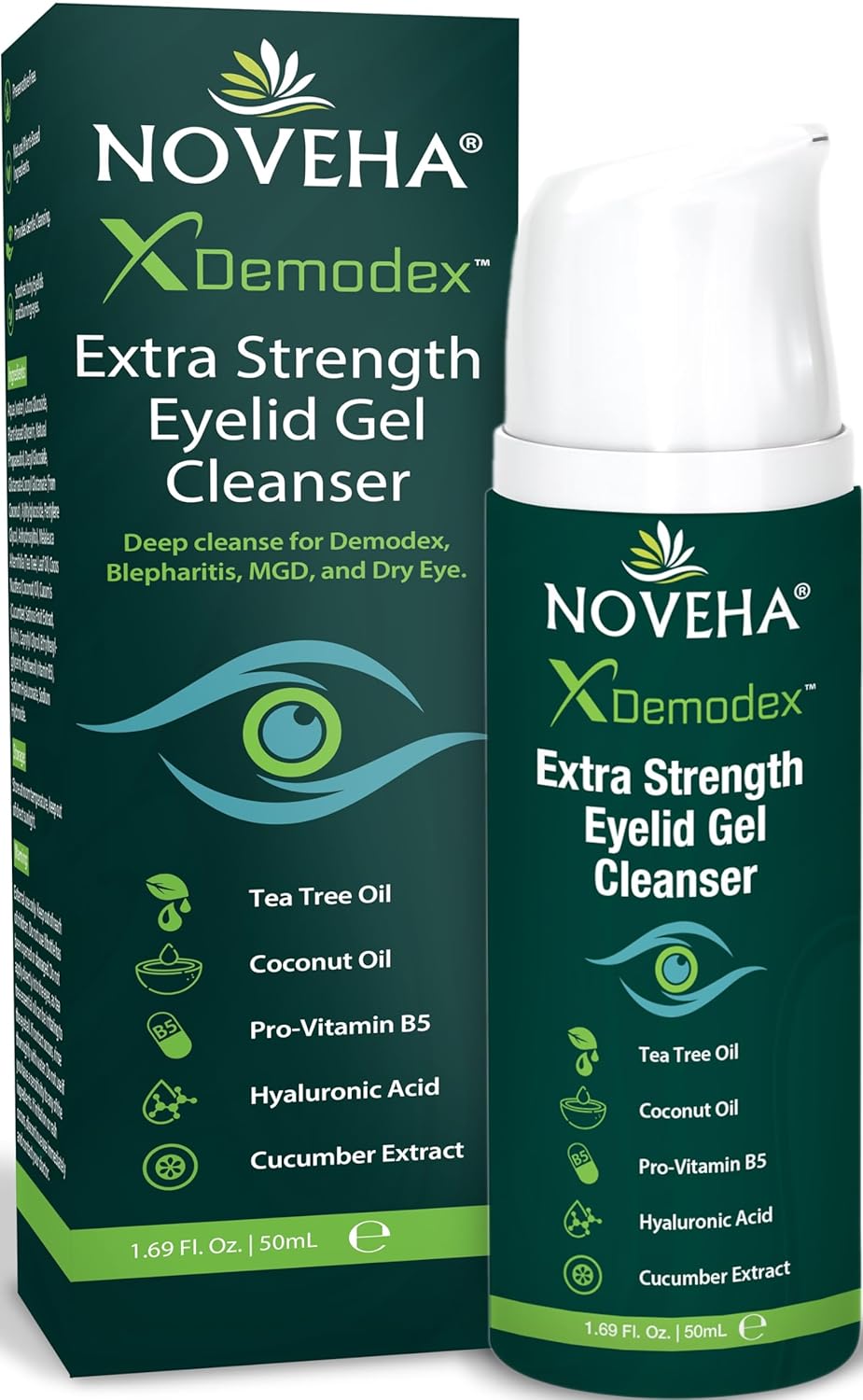 NOVEHA Demodex Extra Strength Eyelid Gel Cleanser - for Demodex, MGD and Dry Eye with Pro-Vitamin B5, Tea Tree Oil, and Hyaluronic Acid - Gentle Cleansing, Soothes Itchy Eyelid - 50mL (1 Pack)