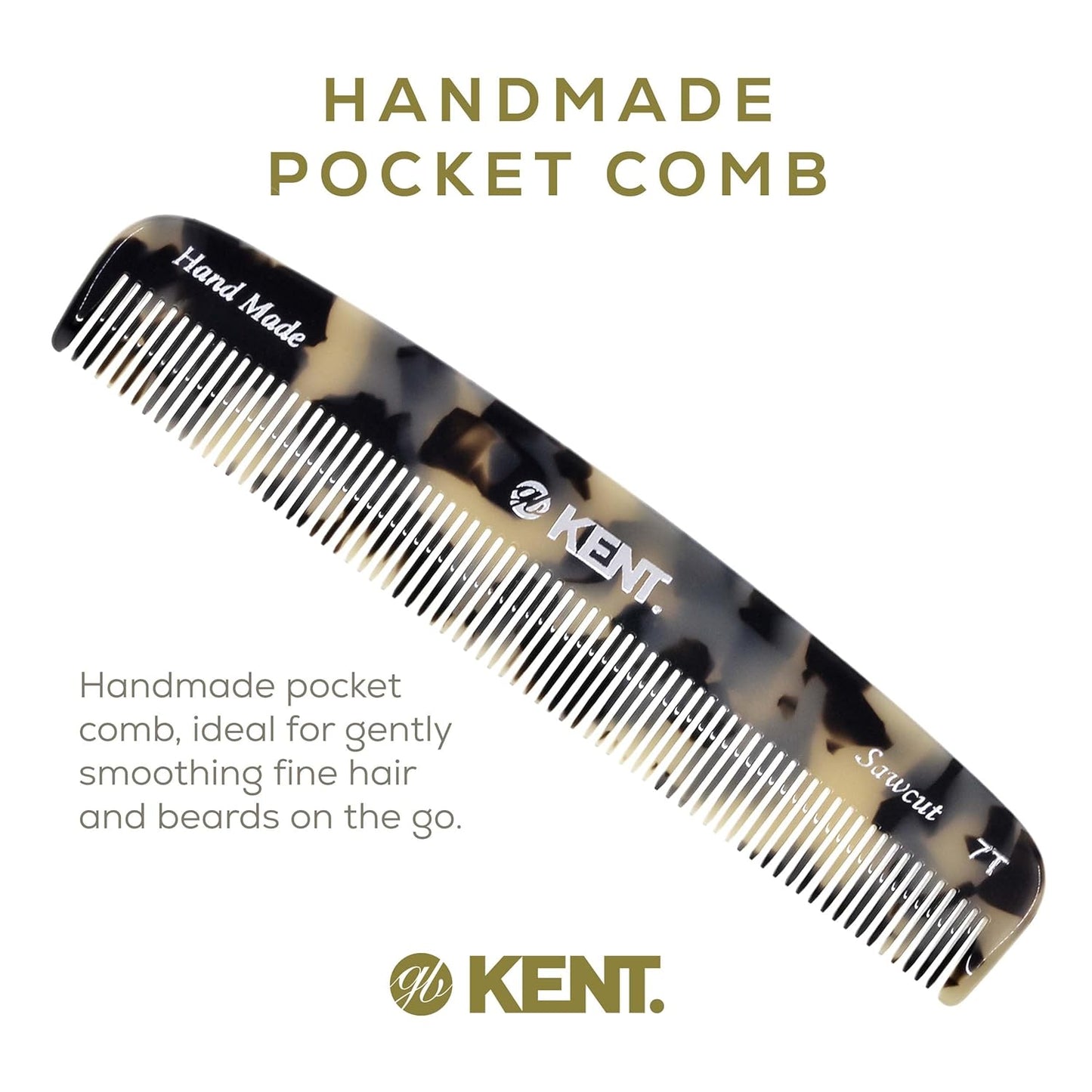 Kent 7T TW Handmade Fine Tooth Pocket Comb - For Men's Everyday Grooming, Styling, and Travel - Suitable for Mustache, Beard, Dry, Wet, Fine or Thinning Hair - Saw Cut and Hand Polished
