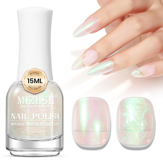 MIZHSE Nail Polish: 15Ml Mermaid Pearl Nail Polish Green Aurora Effect Nail Polish, Fingernail and Toenail Polish Glossy Long Lasting Nail Polish Trendy DIY at Home Nail Gift Spree | alldaygood beauty