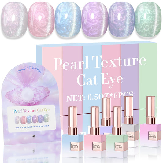 Double Rhythm Cat Eye Gel Nail Polish Set of 6 Same Color Same Bottle 0.5 Oz Shimmer Glitter with Magnet Holographic Reflective Magnetic UV Nail Polish Kit (Pearl Pink Blue Green Purple-T6-36) | alldaygood beauty