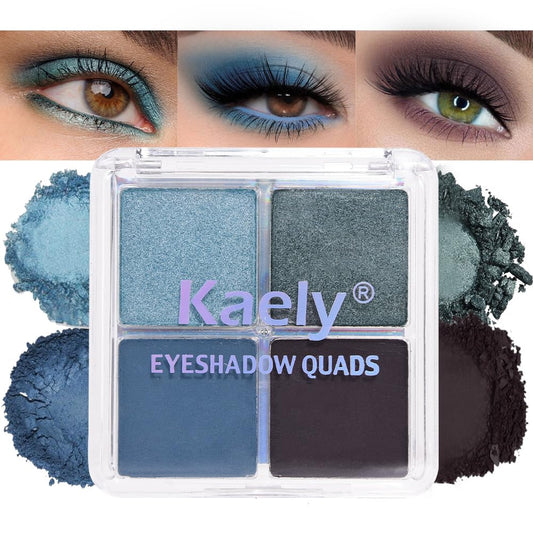 Kaely Powder Eyeshadow Quad, Blue Taupe Matte Glitter Eyeshadow Palette Makeup, Neutral Eye Shadow Palette for Older Women Pigmented Waterproof, sombras para ojos, Blendable, Cruelty-free, 13 | alldaygood beauty