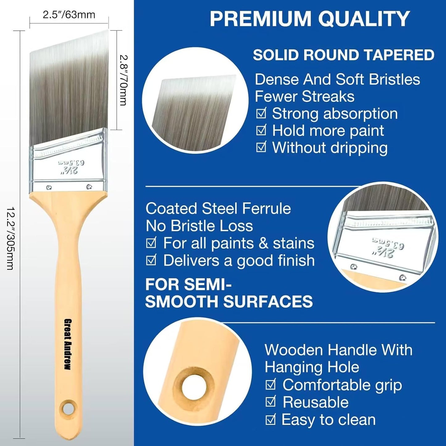 Great Andrew 10 Pack Paint Brushes with Wood Handle (1" 1.5" 2" 2.5" 3"), Angle Sash Brushes for Trim, Walls, All Latex, Oil Paints & Stains, Interior & Exterior Home