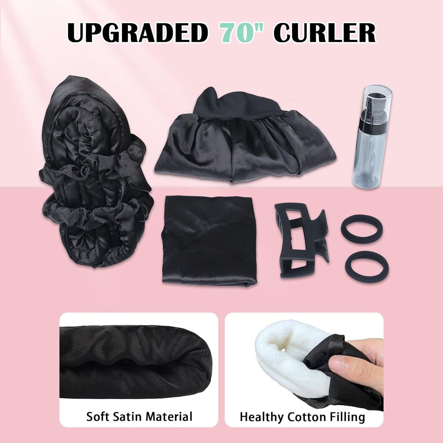 Satin Heatless Curls Overnight Hair Curlers to Sleep In Hair Curler Rollers No Heat Hair Wrap for Curls Headband, 70" Satin Heatless Curling Rod Set for Women Long Waves Hair Volume -Black 9PCS