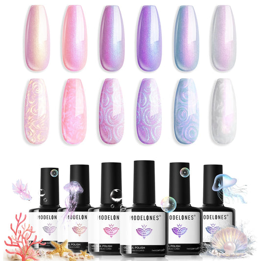 modelones Gel Nail Polish, 6 Colors Shimmer Pearl White Pink Purple Mermaid Nail Drawing Glitter Gel Polish with Dotting Pen Soak Off Led Nail Polish Swirl Shell Thread Effect Manicure DIY Gift | alldaygood beauty
