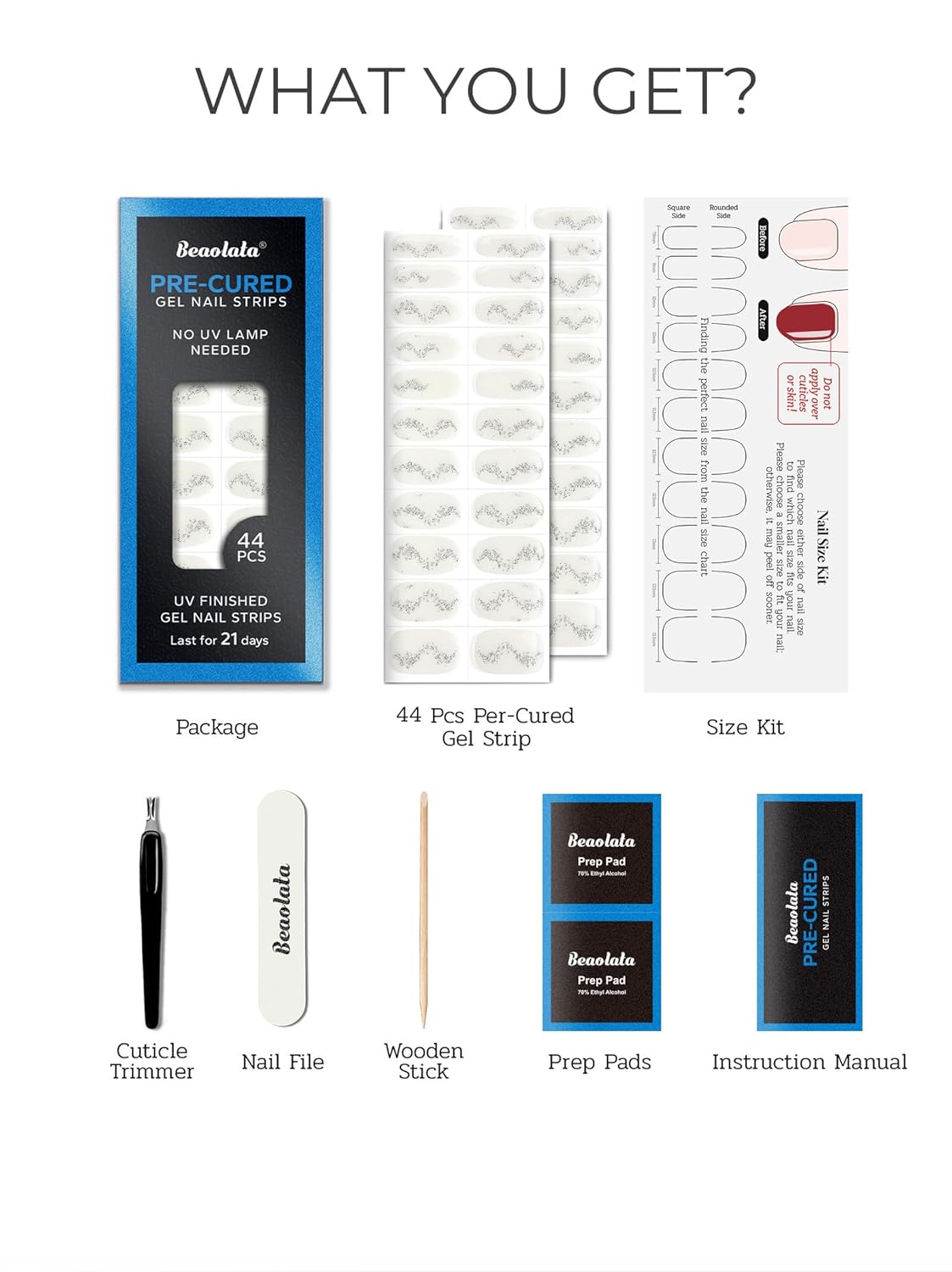 Pre Cured Gel Nail Strips - 44PCS Salon Quality Gel Nail Stickers - Long Lasting Polish Wraps for Women no UV Light Needed Easy Apply& Remove (Midnight White)