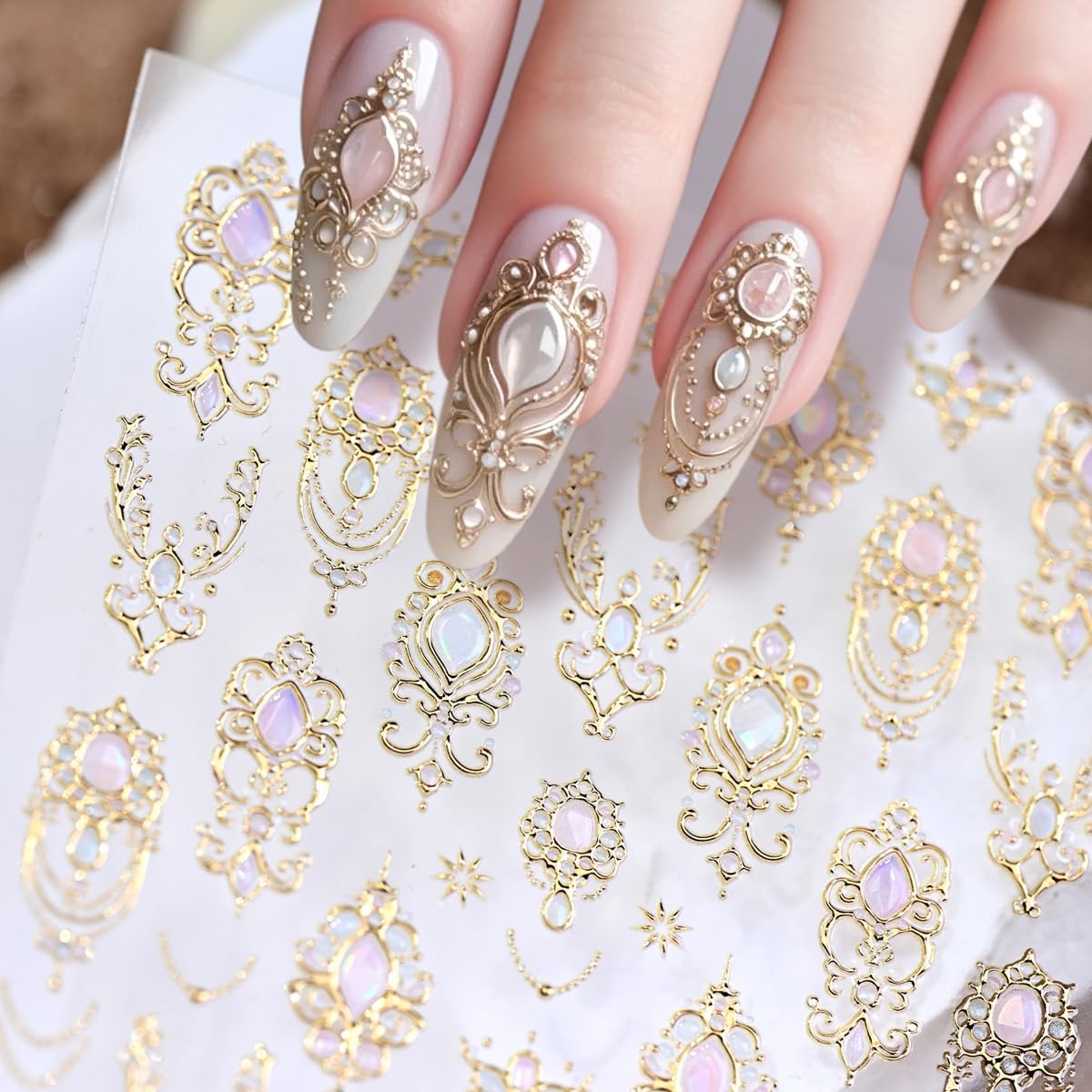 Gold Nail Stickers for Nail Art Gemstone Nail Decals with Golden Filigree Design,Luxury Baroque-Style Stickers for Nails 3D Self Adhesive Nail Art Supplies & Decorations for Women Girls 1 Sheet