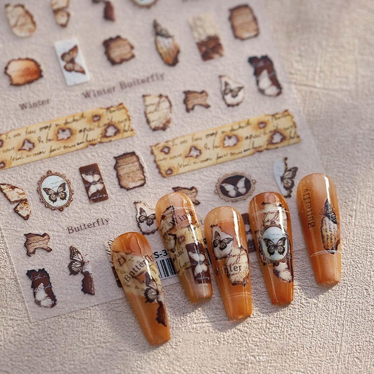 Winter Butterfly Nail Stickers for Nail Art Rustic Paper Nail Decals Vintage Stickers for Nails Designs Self Adhesive Nail Art Supplies & Decorations for Women Girls,1 Sheet DIY Manicure Decor